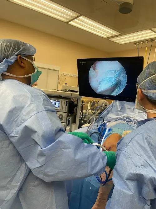 Intraoperative picture showing knee arthroscopic surgery.